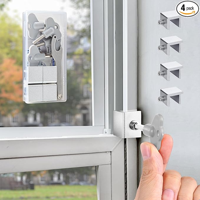 [4 Sets] Sliding Window Lock with Key Aluminum Alloy Adjustable Security Lock (Silver) Single Hole Quick Installation Anti-Theft and Anti-Theft Suitable for Vertical/Horizontal Windows