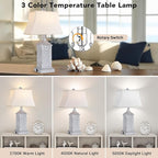 Hamucd Coastal Table Lamps Set of 2, Beach Living Lamps for Bedroom with USB A+C, Antique Grey Modern Resin LED 3-Color Temperature Bedside Nautical Decor, Nightstand Tropical Lamps for End Table.