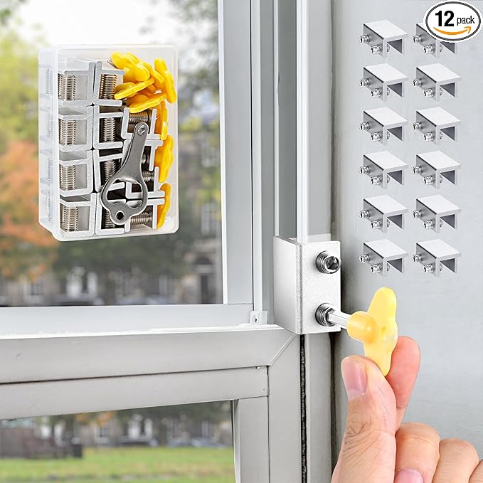 Window Locks,12 Sets Sliding Window Locks with Key, Window Locks for Up and Down Windows,Easy to Install Vertical & Horizontal Window Security Locks,Adjustable Aluminum Window Stopper Lock(Silver)
