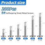 200PCS Sheet Metal Self-Drilling Screws Assortment Kit - #8 Truss Head Stainless Steel Self-Tapping Screws, 6 Sizes (1/2" to 1-1/2") for Sheet Metal, Auto & Roofing