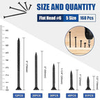 Wood Screws Assortment Kit, 168 PCS, High Hardness Phillips Drive Screws Set, Black Flat Head Wood Screws, Carbon Steel, 5 Sizes, Self-Tapping Screws for Wood, Drywall, Slate
