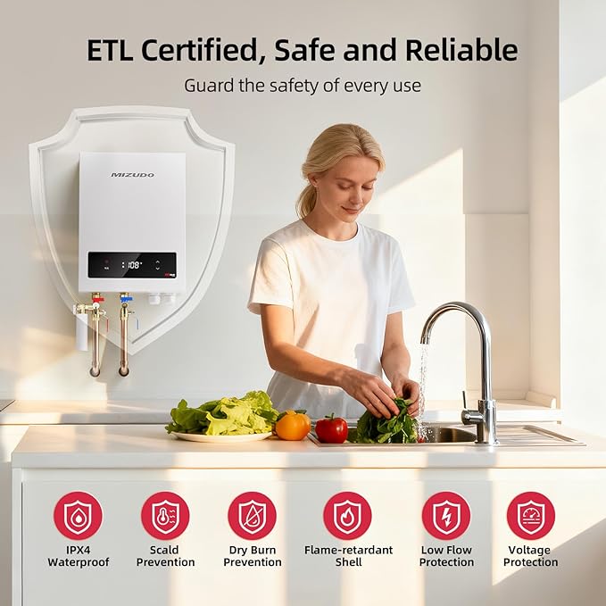 14kW Tankless Water Heater Electric, MIZUDO 240 Volt Instant Hot Water Heater, Up to 3.4 GPM for 2-3 Point of Use, with LED Digital Display, ETL Certified