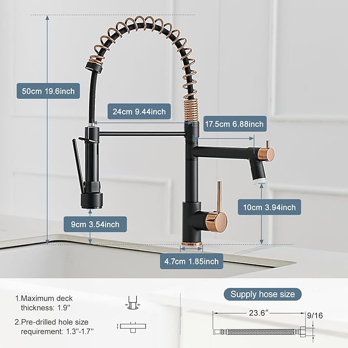Matte Black Kitchen Faucet AIMADI,Commercial Kitchen Faucets Single Handle Single Hole Spring Rose Gold Kitchen Faucet with Pull Down Sprayer Black