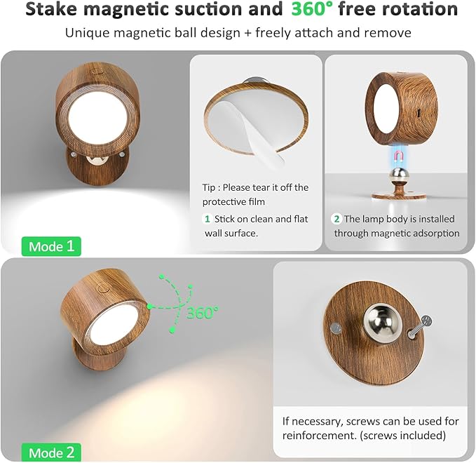 LED Wall Lights, Wall Lamp 3 Color Temperatures & Dimmable Magnetic 360° Rotation with Remote, Wall Sconces 3 Pcs with 3000mAh Rechargeable Battery, Cordless Wall Light for Reading Bedside Hallway