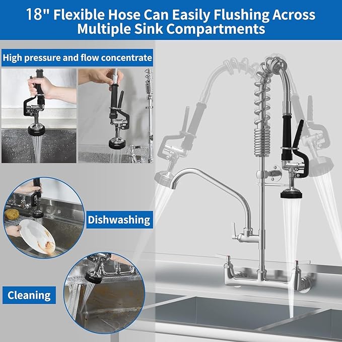 Commercial Wall Mount Kitchen Sink Faucet with Sprayer - 21" Height 8 inch Center, Add-on 8" Swing Spout Pre-Rinse Sprayer for 1 or 2 Compartment Sink