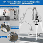 Commercial Wall Mount Kitchen Sink Faucet with Sprayer - 21" Height 8 inch Center, Add-on 8" Swing Spout Pre-Rinse Sprayer for 1 or 2 Compartment Sink