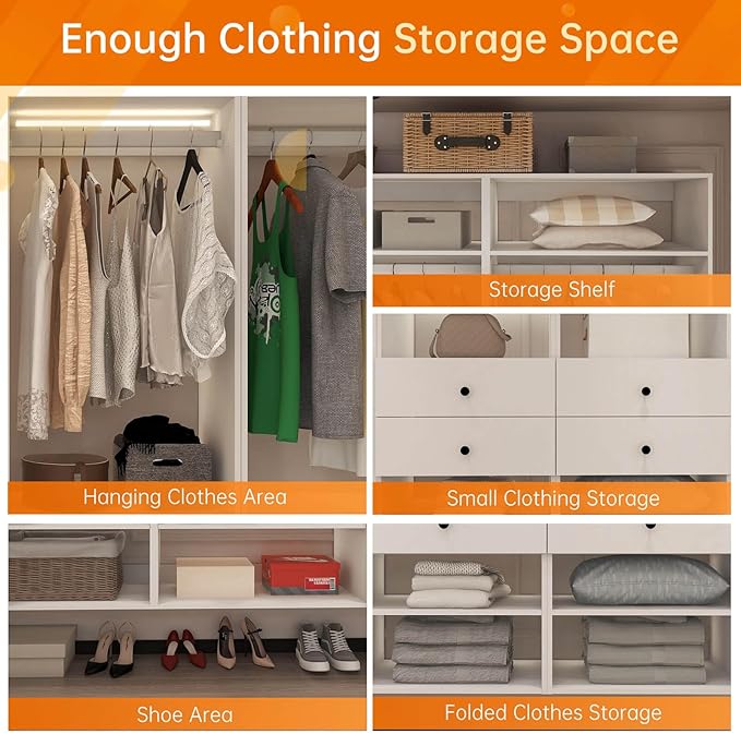 Modular Closet System: Wall Mounted Garment Rack Walk-in Clothes Storage with Drawers Built in Closet Organization with Shelves for Bedroom White 23.62''L x 16.34''W x 70.87''H