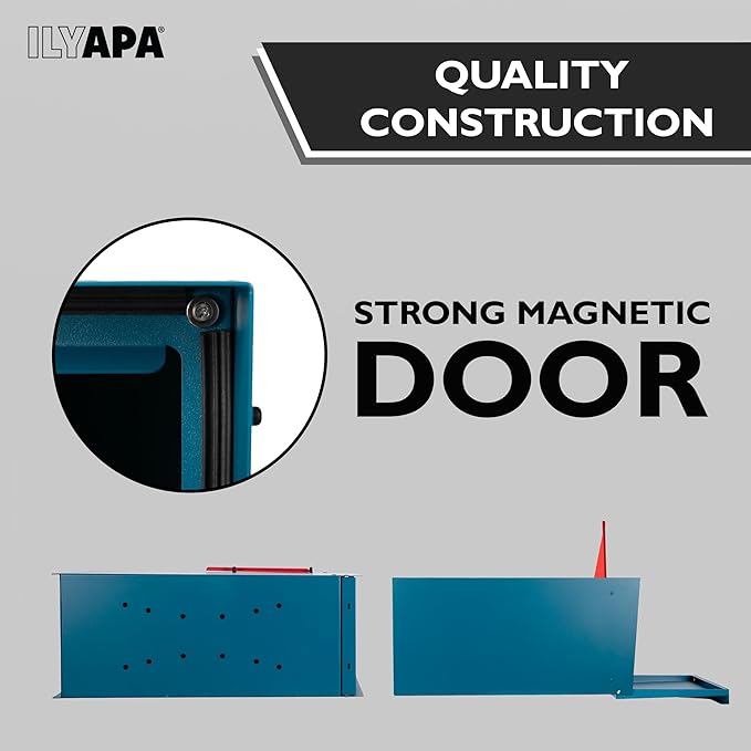 Ilyapa Modern Mailbox for Outside Post Mount - Blue Powder Coated Metal Mailbox, Waterproof Letter Box for Parcels, Recessed Magnetic Close Door