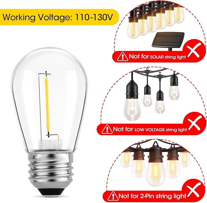 Meconard 36 Pack S14 LED Bulbs for Outdoor String Lights, Shatterproof Replacement Edison Bulbs for Patio String Lights Outdoor Waterproof, Warm White 2200K, Non-Dimmable, E26 Standard Base