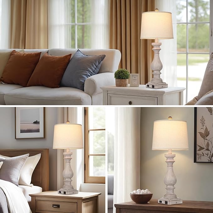 27.5" Tall Farmhouse Lamp,Wash-Grey Vintage Bedside Lamp with USB Charging Ports A/C,3-Way Dimmable Touch Control Retro Lamps for Bedroom Living Room,Single Grey