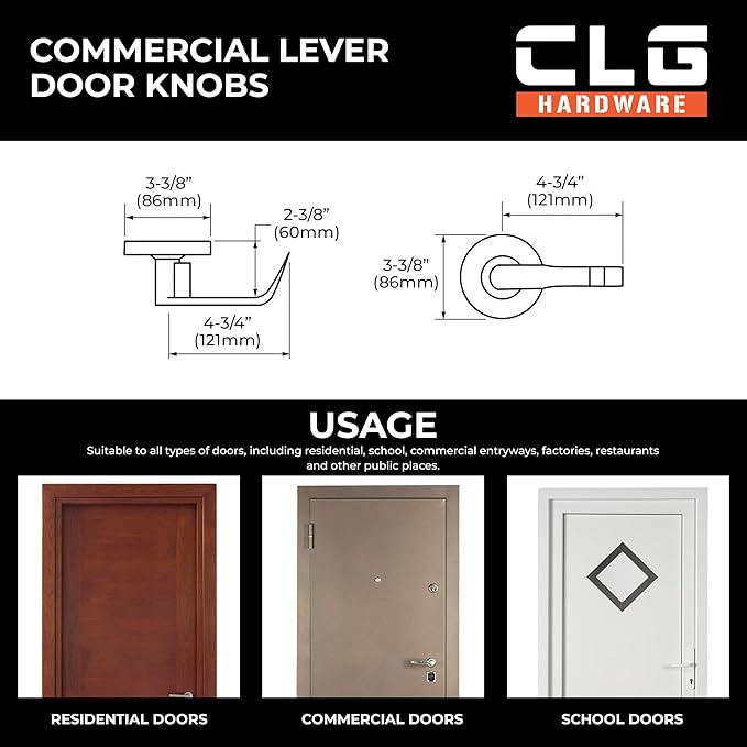 CLG HARDWARE Commercial Lever Door Lock - Heavy-Duty Locking Door Handle, Designer Door Handles, Cylindrical Lever Lock, Non-Handed Grade 2 Industrial Door Handle, 26D Satin Chrome, Passage/Closet
