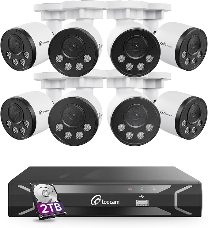 Loocam PoE Security Camera System 2TB HDD, 4MP Wired Bullet PoE IP Cameras, Person Vehicle Detection, 8CH 5MP NVR 24/7 Recording CCTV Home Surveillance Outdoor Indoor, Remote Access, Night Vision