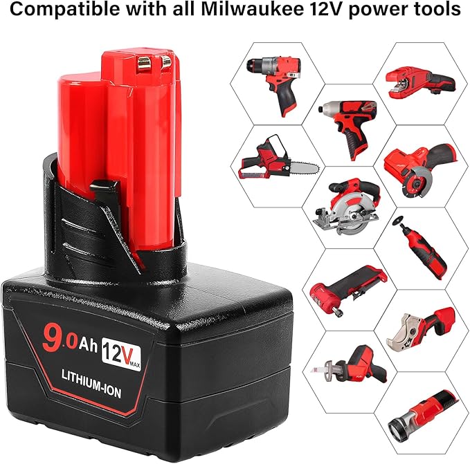 TeenPower Replacement for Milwaukee M12 Battery 9.0 2/pk Compatible with Milwaukee M12 Power Tools Compatible with 59-1812 Charger