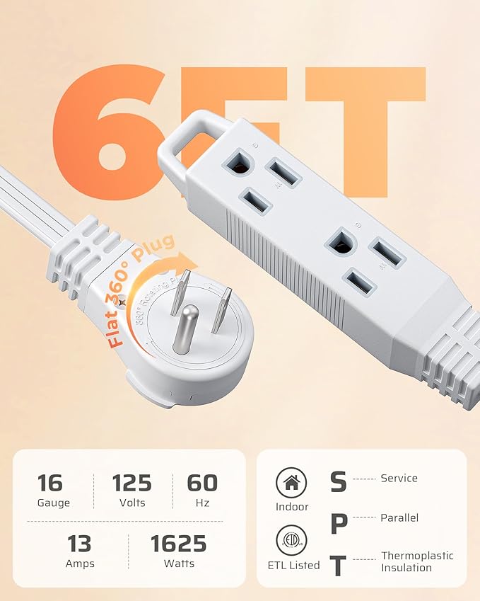 DEWENWILS 6FT Flat Plug Extension Cord, 3 Prong Ultra Thin Power Strip, 360° Rotating Plug, 13A/125V/1625W, 16 Awg Grounded Flat Power Cable for Indoor Narrow Space, SPT-3, ETL Listed, White