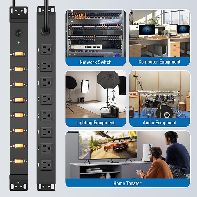 HHSOET 1U Rack Mount Surge Protection, 8 Outlet PDU Power Strip, Metal Mountable Outlet Strip with Switch, 15ft Power Cord.