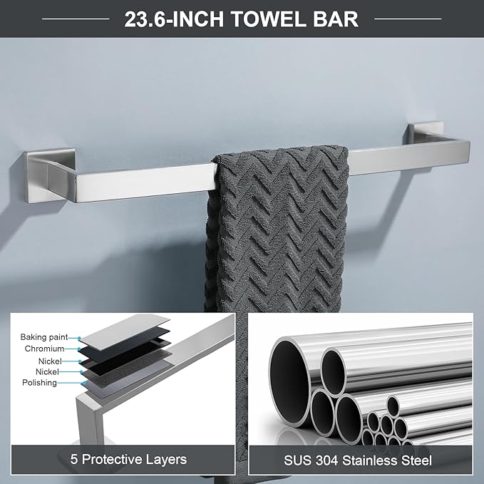 TQKAG 6-Piece Bathroom Towel Bar Sets Brushed Nickel 23.6 inch Towel Bar Stainless Steel Towel Ring Coat Hook and Toilet Paper Holder Bathroom Hardware Set Wall Mounted Bathroom Accessories Kit