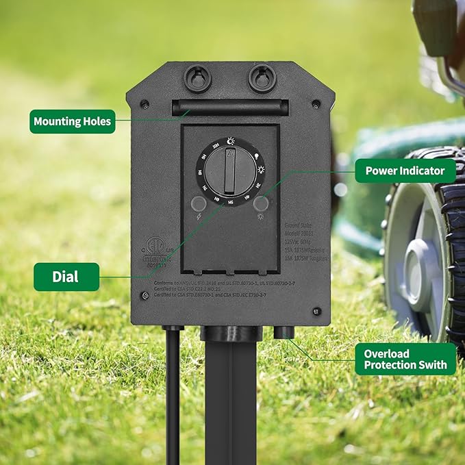 Outdoor Power Strip Timer Waterproof, Dusk to Dawn Light Sensor Countdown, 50 Feet Extension Cord, 6 Grounded Outlets for Halloween and Christmas Decorations, ETL Listed