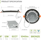 ASD 6 Pack LED Recessed Lighting 6 Inch 12W, 5 CCT 2700K-5000K CRI90+, IC Rated Ultra Thin Dimmable Ceiling Lights with J Box, Canless Wafer Downlight, Round Slim Panel Light, Energy Star ETL, Bronze