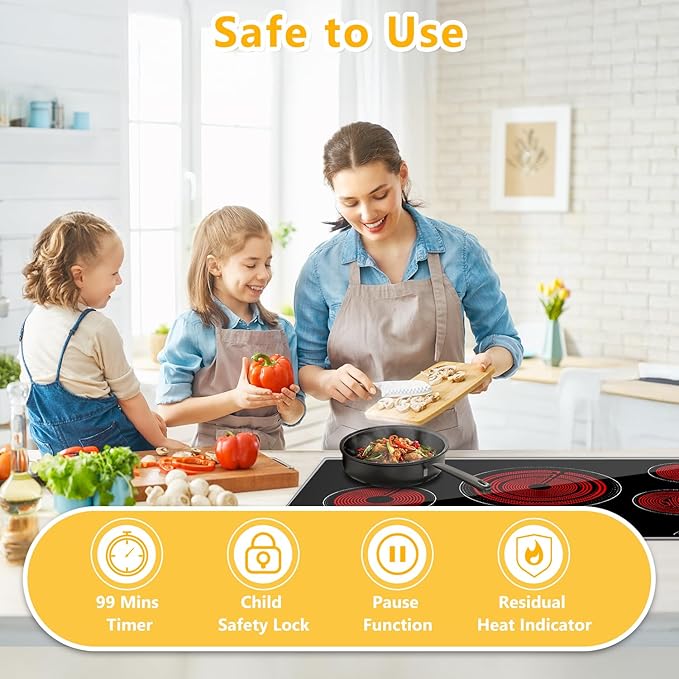 36 Inch Electric Cooktop, 5 Burner Electric Stove Top with 9 Power Levels, Touch Control, Timer, Child Lock and Residual Heat Warning, 9200W, 220-240V for Hard Wire