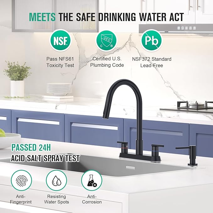 CREA Black Kitchen Faucets with Pull Down Sprayer and Soap Dispenser,Two Handles 8-Inch 4 Holes Bar Sink Faucet for RV Laundry Camper Utility Sink Brushed Nickel Stainless Steel