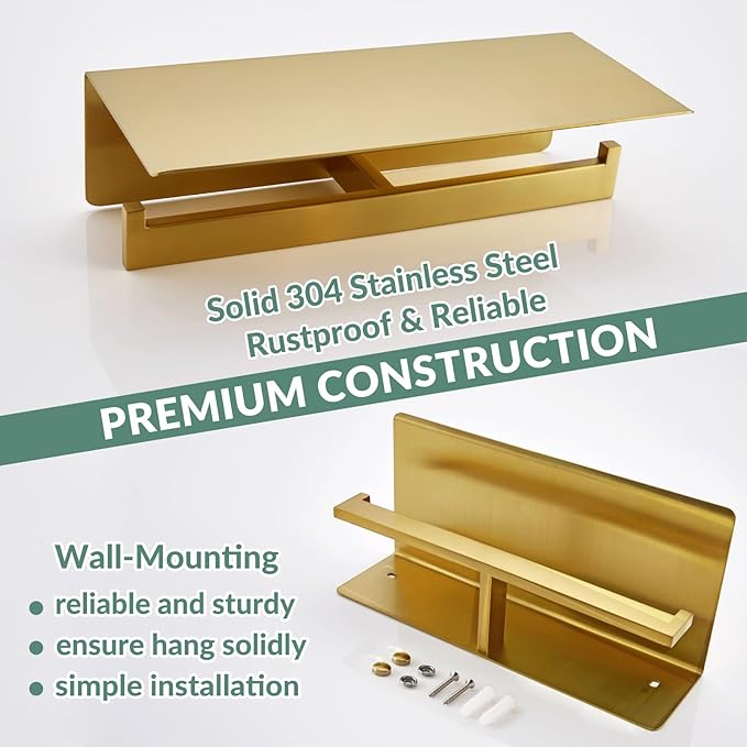 APLusee Brushed Gold Double Toilet Paper Holder with Shelf, Heavy Duty 304 Stainless Steel Tissue Holder for Bathroom with Storage, Commercial Paper Roll Dispenser Wall Mounted