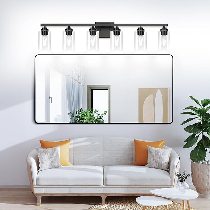 6-Light Bathroom Light Fixtures, 38" Modern Vanity Lights Over Mirror with Clear Glass Shades, Matte Black Light Fixture, Classic Wall Light Fixture for Mirror Living Room Cabinet Bedroom Porch