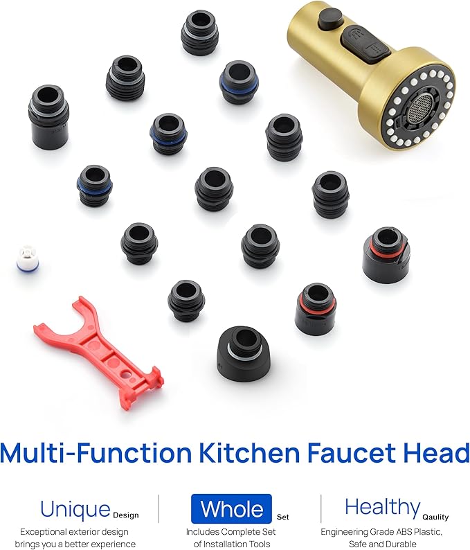 J-HVA Pull Down Kitchen Faucet Sprayer Head Replacement Part, 3 Function Pull Out Sink Sprayer Replacement Nozzle with 15 Adapters, Kitchen Faucet Head Hose Spray Tap Spout, Brushed Gold