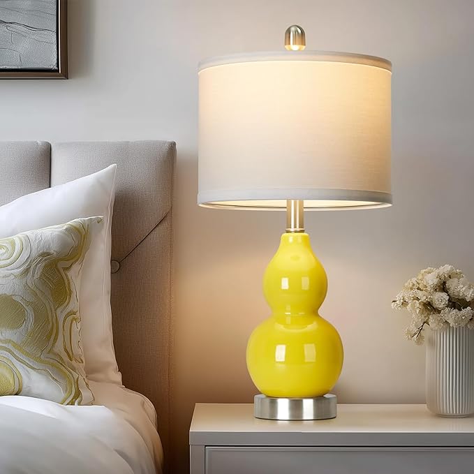 Double Gourd Ceramic Table Lamps Set of 2, Yellow Modern Bedside Lamps for Living Room, Contemporary Nightstand Desk Lamps for Bedroom End Table Home Office Decor(2 LED Bulbs Included)
