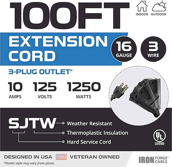 Iron Forge Cable 100 Ft Black Extension Cord with 3 Outlets - 16/3 SJTW 100 Foot Extension Cord 3 Prong, Weatherproof Exterior Power Cable for Outdoor