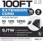 Iron Forge Cable 100 Ft Black Extension Cord with 3 Outlets - 16/3 SJTW 100 Foot Extension Cord 3 Prong, Weatherproof Exterior Power Cable for Outdoor