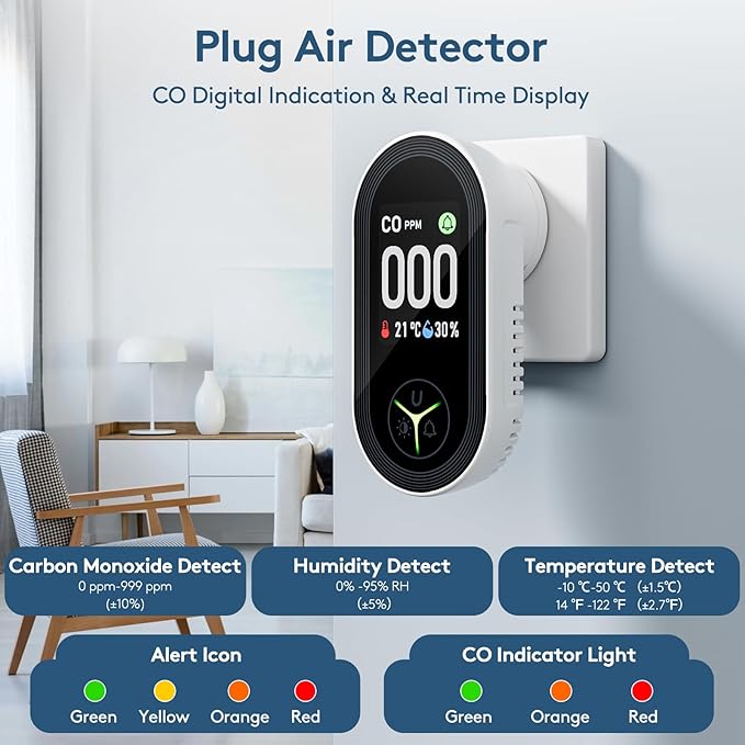 2 Packs, 3 in 1 CO Detectors, CO &Temp &Hum, Plug in Wall, with HD Screen,3 Color Indicator Visual, 4 Color Alert lcons,Brightness Adjustment,Carbon Monoxide Detectors,for Travel,CO Alarm