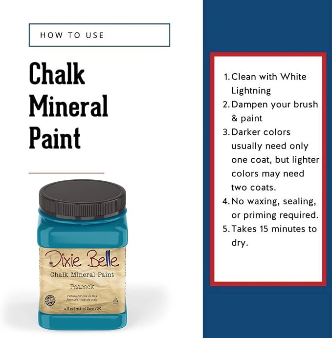 Dixie Belle Paint Company Chalk Finish Furniture Paint - Peacock (32oz) - Matte True Teal Chic Chalk Mineral DIY Furniture Paint