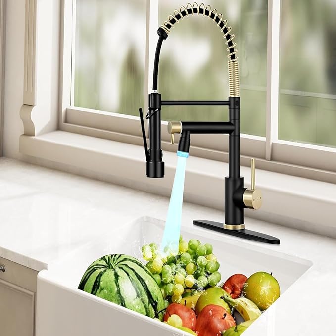 Smart Kitchen Faucet, 3 Modes Pull Down Sprayer, LED Temperature Control, Ceramic Valve,360-Degree Rotation,1 or 3 Hole Deck Plate, Double Spout. 10-Year Warranty. (KW-21RK, Gold/Black)