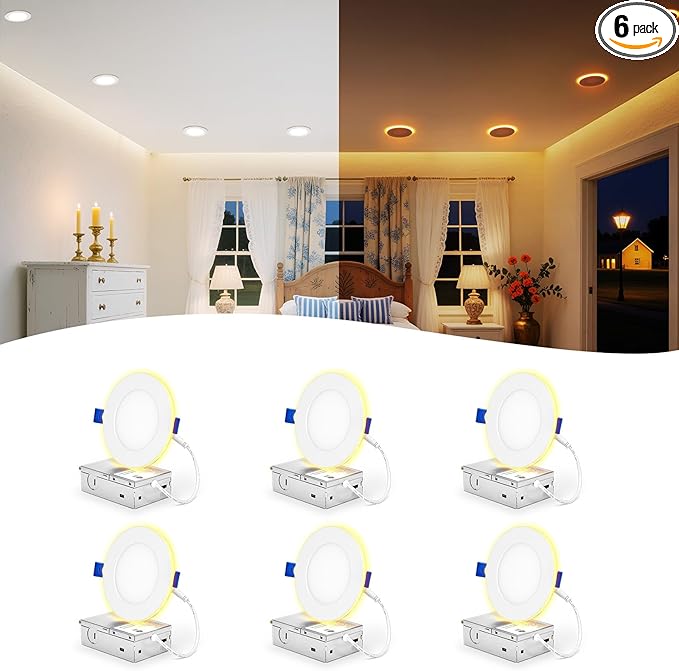 6 Pack 4 Inch LED Recessed Ceiling Lights with Night Light, Dimmable, 2700K-5000K 5 CCT Selectable, Canless Wafer Downlight with Junction Box, Ultra-Thin, 9W, ETL, White