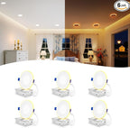 6 Pack 4 Inch LED Recessed Ceiling Lights with Night Light, Dimmable, 2700K-5000K 5 CCT Selectable, Canless Wafer Downlight with Junction Box, Ultra-Thin, 9W, ETL, White