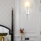 PERMO Single Classic Rustic Industrial Wall Sconce Lighting Fixture with Flared White Textile Lamp Shade and Chrome Tapered Column Stand