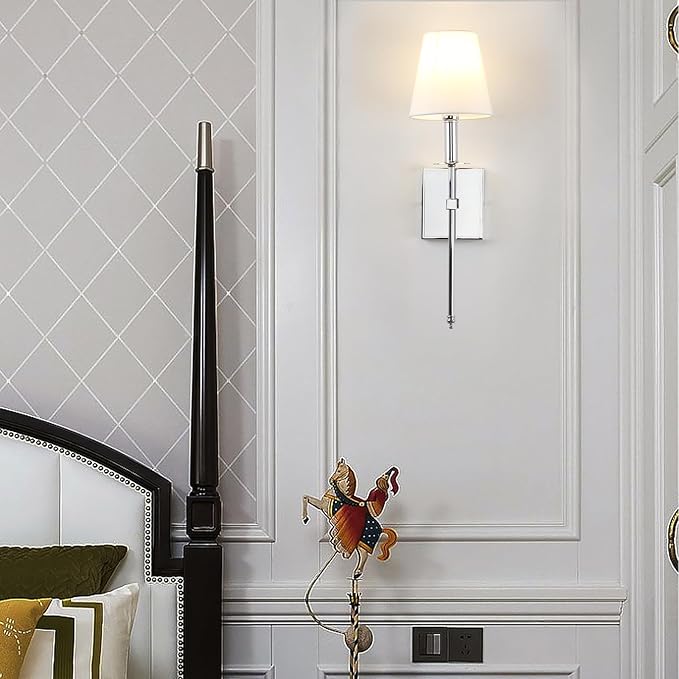 PERMO Single Classic Rustic Industrial Wall Sconce Lighting Fixture with Flared White Textile Lamp Shade and Chrome Tapered Column Stand