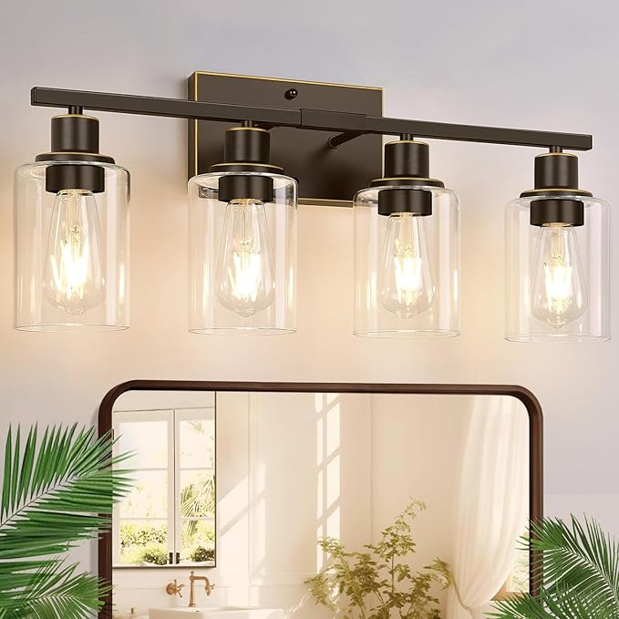 4 Light Bathroom Light Fixtures, Oil-Rubbed Bronze Modern Vanity Lights with Clear Glass Shades, Bathroom Wall Lamp for Mirror Living Room Cabinet