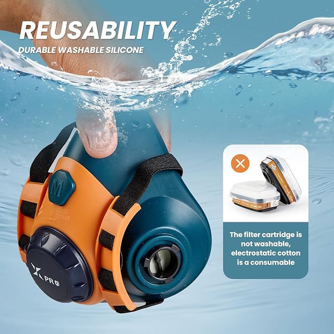 XPRO Reusable Silicone Half Face Respirator Mask with Filters - Gas Mask for Welding, Woodworking, Spray Paint, Dust, Chemical & Pollen Protection