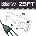 Iron Forge Cable Green 1 to 3 Outdoor Extension Cord Splitter 13 Ft (25 Ft Total Length) - 16 Gauge Power Cord, 3 Prong, 3 Outlets 16/3 SJTW