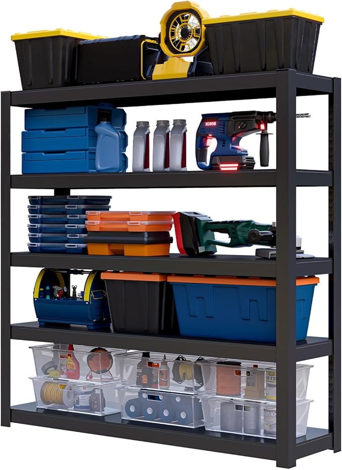 Shelving Units and Storage, 3000LBS Garage Storage Shelves, 5 Tier Shelving Unit, Steel Industrial Shelving, Adjustable Standing Shelf for Garage, Pantry, Closet 72" H x 36" W x 16" D, Black