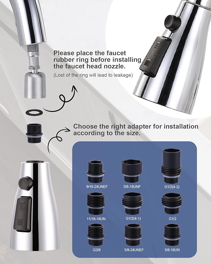 Metal Kitchen Faucet Head Replacement: 3-Function Pull Down Spray Nozzle with 9 Adapters, Sink Sprayer Replacement Compatible with Moen, Delta, Kohler, American Standard Faucets, Chrome