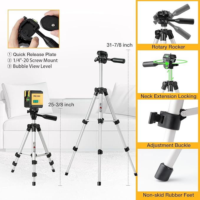 PREXISO Laser Level with Tripod, 100Ft Dual Modules Self Leveling Cross Line Laser Level, Green Line leveler Tool for Floor Tile, Home Renovation, Construction with 31-1/2in Tripod, 2 AA Batteries