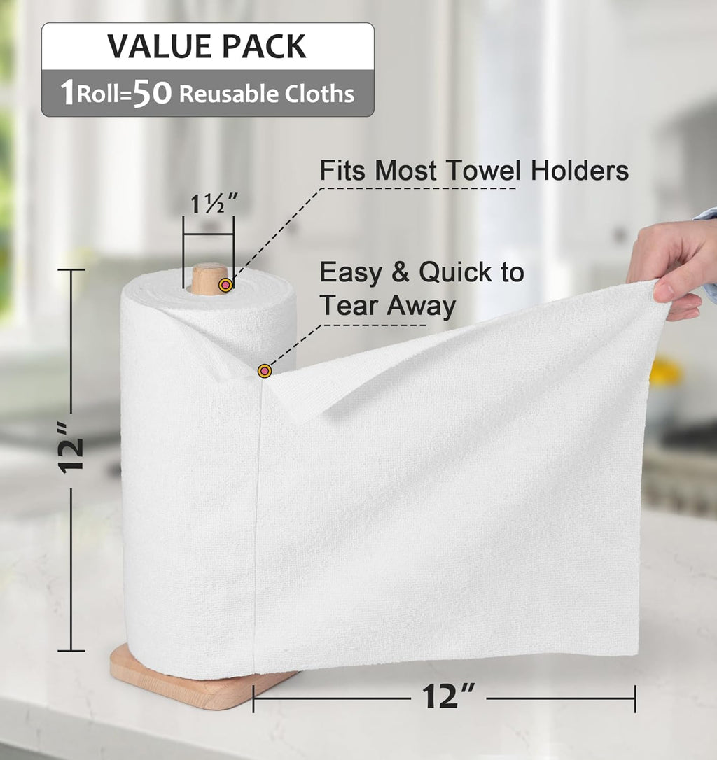 UPSTAR Microfiber Cleaning Cloth, Reusable Paper Towels Rolls, Cleaning Rags for Washing Dishes, Kitchen,Bathroom, 12x12 inch,50 Packs/Roll, White