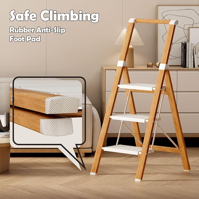 Taranta 3 Step Ladder, Portable Folding Ladder with Wide Pedal, Lightweight Aluminum Step Stool with Convenient Handgrip, 330 lbs Capacity Stepladder for Home, Office - White Woodgrain