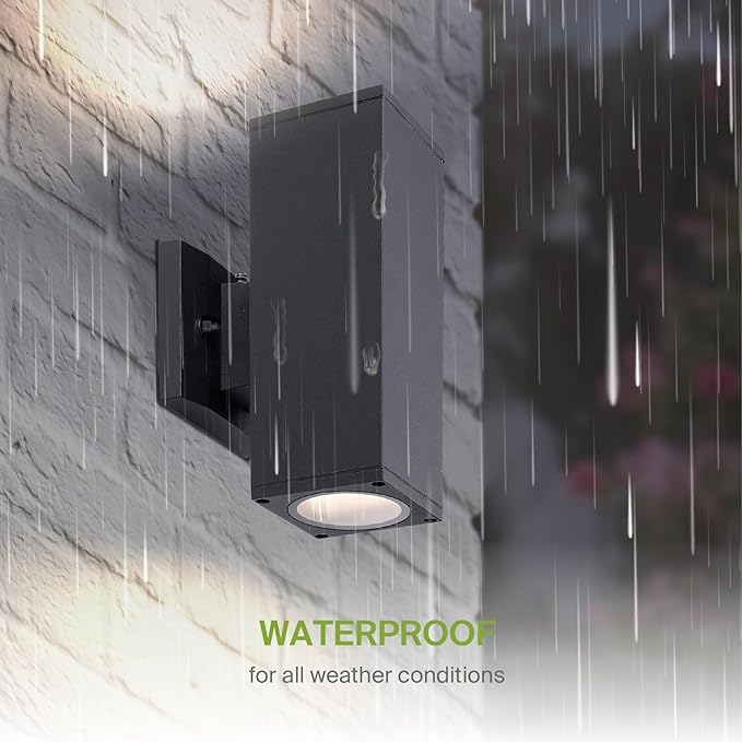 ASD 2 Light Square Dusk to Dawn Outdoor Wall Light Fixture | 120W E26 Bulb Socket 120V ETL Cylinder Up Down Lights | LED/CFL/Incandescent Bulb Wall Sconce | Front Door, Porch, Patio | Black