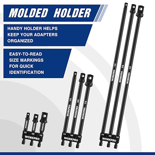 WORKPRO 9-Piece Socket Adapter Extension Set, 1/4, 3/8, 1/2-Inch Drive, 1/4-Inch Hex Shank, Impact Grade Extension Bit With Holder For Power Drill & Impact Driver