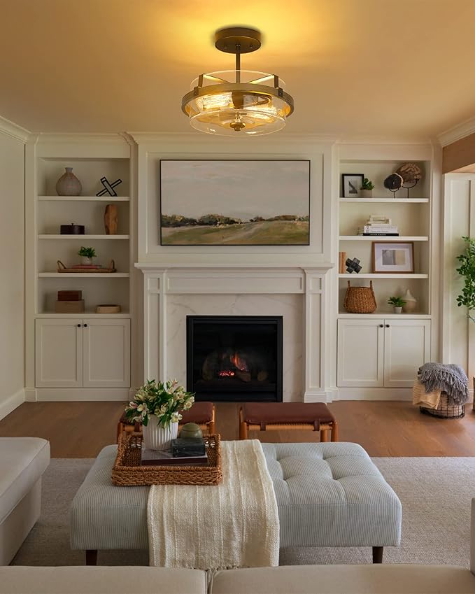 EAPUDUN Farmhouse Ceiling Light, Wooden Semi Flush Mount Ceiling Light Fixtures with Clear Glass Shade, Retro 2-Light Ceiling Lamp for Hallway Entryway Bedroom Kitchen Dining Room SMA1444-FBDT