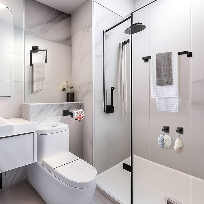 5 Pieces Bathroom Hardware Accessories Set Black Towel Bar Set Towel Holder Racks Set for Bathroom,SUS304 Stainless Steel,Wall Mounted 23.6-Inch