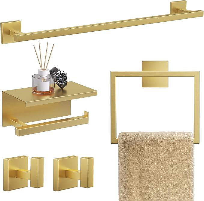 TQKAG 5-Pieces Brushed Gold Bathroom Hardware Accessories Set 23.6" SUS304 Stainless Steel Towel Bar Set Wall Mounted Square Toilet Paper Holder with Shelf